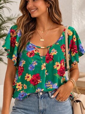 Green Floral Scoop Neck top - Bright Multi Floral Print plus size soft fabric
